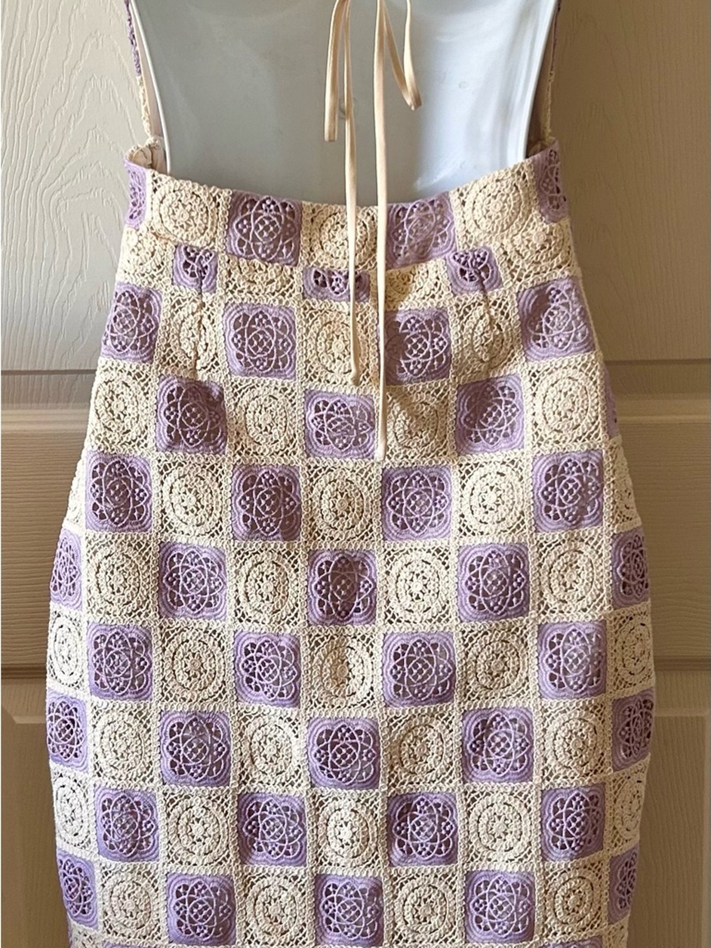 FORE COLLECTION Lilac/Cream Checkered Crochet Halter Dress Spring Wedding Guest‎ - Picture 10 of 13